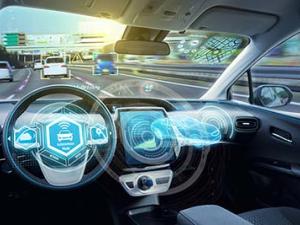 Holographic images are superimposed over an illustration of a car dashboard.
